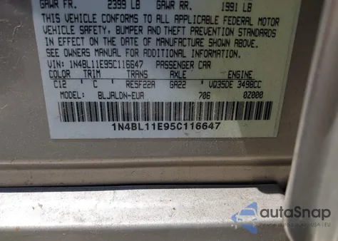 2005 Nissan Altima 3.5 Sl from USA, damaged, VIN 1N4BL11E95C116647